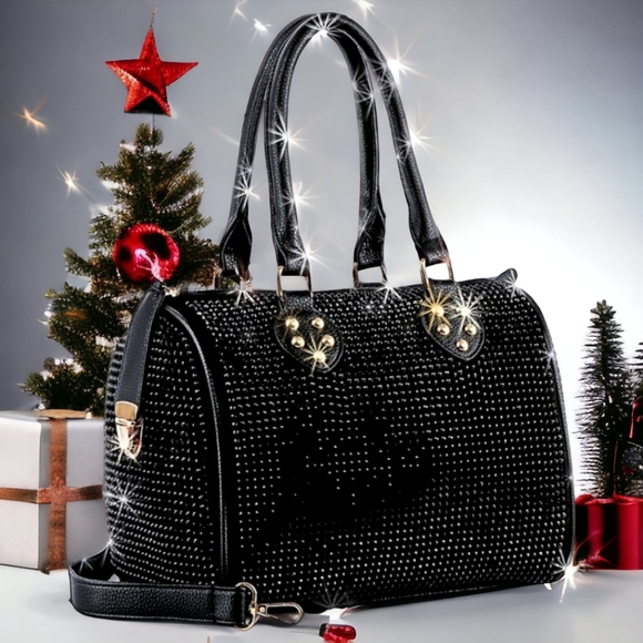 Black Rhinestone Bling Shoulder Satchel Handbag Purse - Picture 4 of 8